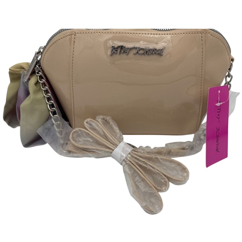 Betsey Johnson Crossbody Purse Anaya Shiny Neutral Faux Leather Chain Strap